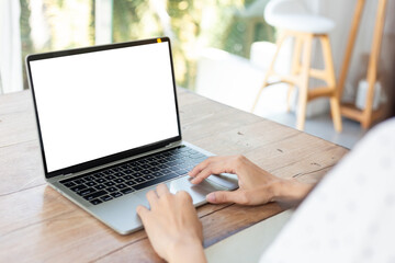 computer screen blank mockup.hand woman work using laptop with white background for advertising,contact business search information on desk at coffee shop.marketing and creative design