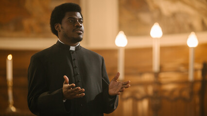 Service In Christian Church: Minister Leads Congregation In Prayer, Quotes The Bible, Gospel and...