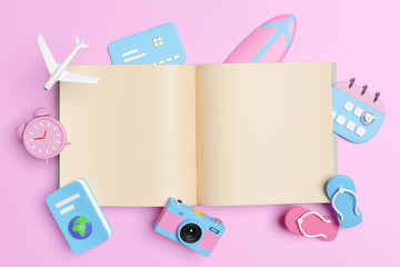 3d open book with calendar, airplane, marked date, passport isolated on pink background. schedule appointment, summer travel, itinerary, booking concept, 3d render illustration, clipping path