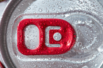close up of a soda can Condensation, water drops red pull tab
