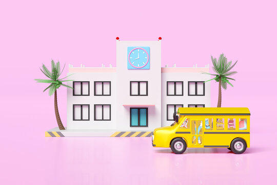 vehicle for transport students isolated on blue. 3d yellow school bus cartoon, accessories with microscope, book, bag, pencil, school supplies, back to school 3d illustration render, clipping path