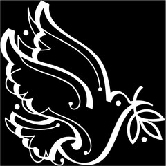 Vector, Image of decorative bird icon, in black and white, on a black background.

