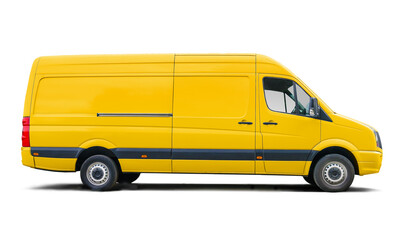 Yellow delivery van, side view with blank panels isolated on a white background