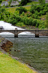 Fototapeta na wymiar Landscape with Hellesyltfossen waterfall - Geiranger, Norway