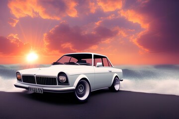 Obraz na płótnie Canvas white old car with waves and sunset in the background - generative ai