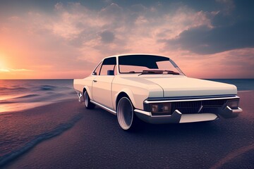 Obraz na płótnie Canvas white old car with waves and sunset in the background - generative ai