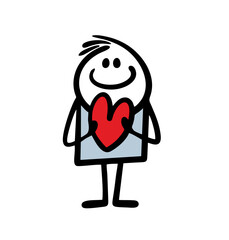 Cute little stick figure cartoon boy holds red heart.
