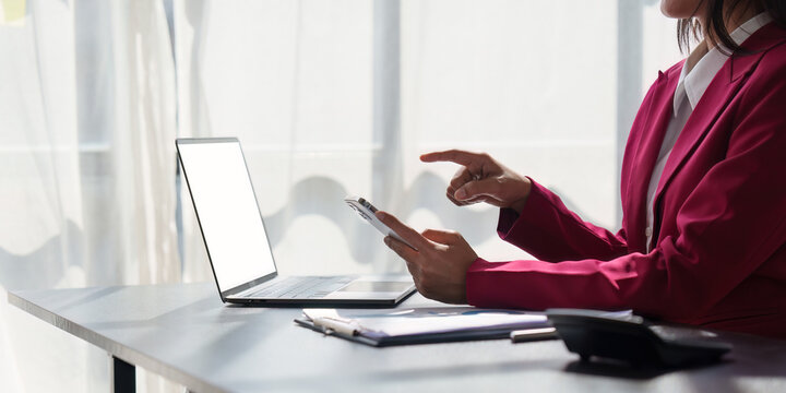 Chatbot Chat with AI, Artificial Intelligence. Business woman using technology smart robot AI. Futuristic technology transformation