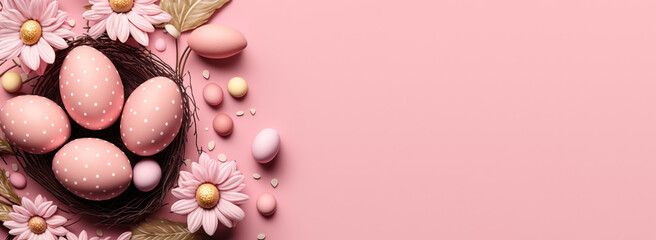 Obraz na płótnie Canvas Easter background on pink with copy space. Generative AI