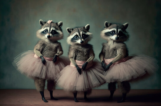 illustration of a 3 racoon ballerinas. Generative AI image.