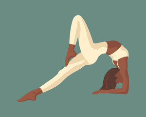 Black girl with brown hair doing yoga pilates gymnastics sport fitness in light brown sport form in faceless style on sea green backgroun