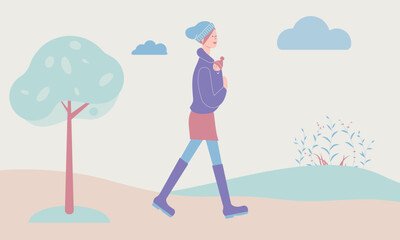 Happy mother on walk with newborn in kangaroo backpack. Woman walking with child in park. Young mom with baby isolated on light background in funky figures style. Vector illustration