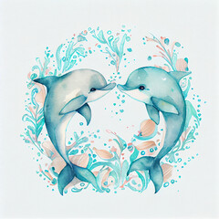 Peaceful watercolor painting of two dolphins in love together. Sea wild animals jump and making shape of heart surrounded with floral frame. Beautiful watercolour graceful dolphins hand drawing art