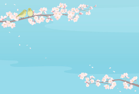 Japanese spring landscape. Vector illustration of pink cherry blossom tree and cute little birds.