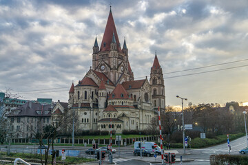 The Church of Francis of Assisi on a cluody day in Vienna, Austria, December 26th 2022