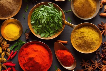 Obraz na płótnie Canvas High-Resolution Image of Indian Spices Displaying the Rich Aromas and Vibrant Colors of Cinnamon, Star Anise and Turmeric, Perfect for Adding a India, Etnic and Colorful Element to any Design Project