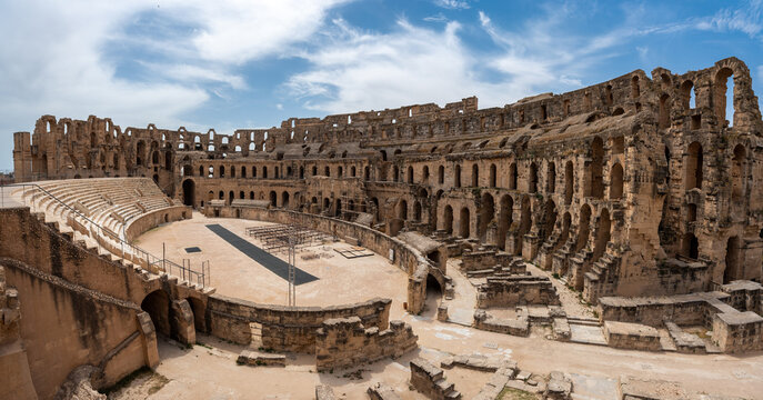 Amphitheatre of El Jem in Tunisia. Amphitheatre is in the modern-day city of El Djem, Tunisia, formerly Thysdrus in the Roman province of Africa