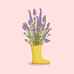 Bouquet of lavender flowers in yellow rain boots. Spring composition for women's day, mother's day, birthday and other holidays. Spring floral design isolated vector illustration.