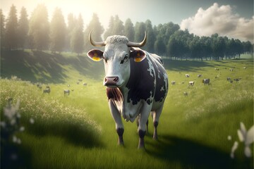 The cow in a grazing. Generative AI.