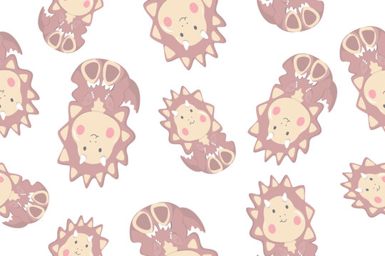 set of animals,Vector hand-drawn colored seamless repeating childrens pattern with cute dinosaurs in kawaii style on white background. Children's pattern with dinosaurs. Cute baby animals. Dino.Print 