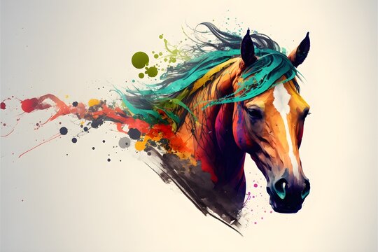 Beautiful horse painted in watercolor. Generative AI.