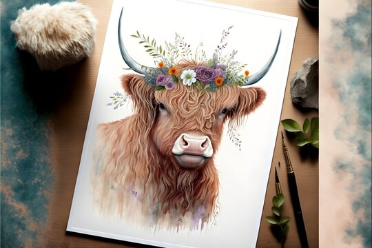 Painting of cow with flowers in its hair. Generative AI.