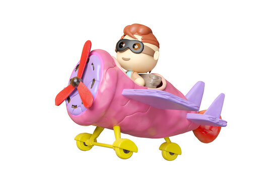 child pilot character from plasticine with pilot glasses, propeller plane on the airport isolated. clay toy icon concept, 3d render illustration