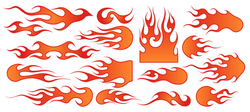 Flame decal. Tribal fire vinyl stickers for sport car or motorbike, hot tattoo vector illustration set
