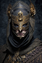 Illustration of a man dressed with a Venetian mask and costume from seventeenth-century for a carnival party in Venice. Carnival elegant festive celebration background. Generative ai