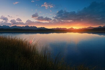 Fototapeta na wymiar Panorama of beautiful sunrise over lake. Generative AI