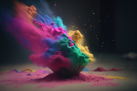 An explosion of multi-colored powder hummed on a black background. Indian festival of colors Happy Holi. AI generated.