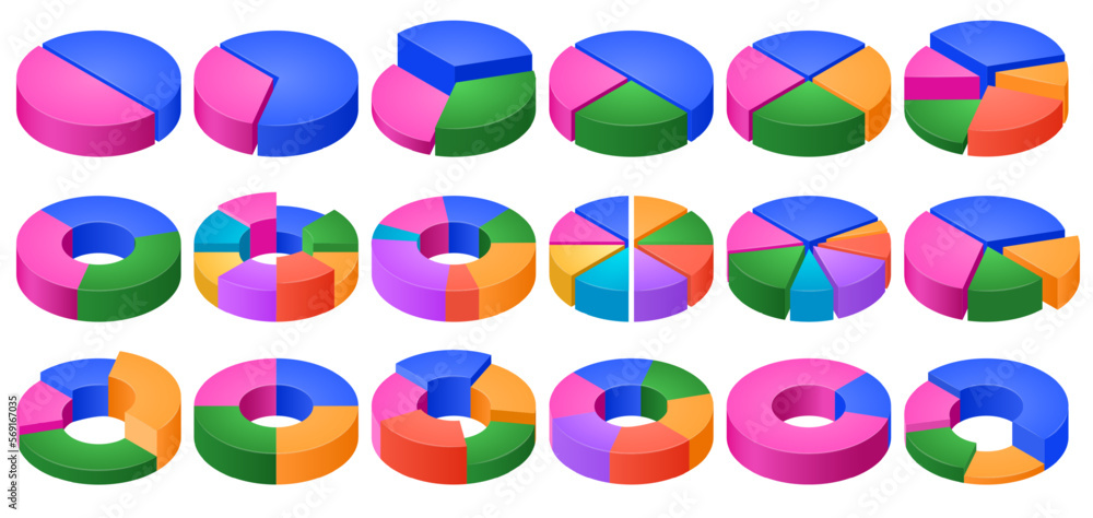 Aufkleber isometric colorful pie charts. data visualization, percentage share stats and volume segments circle