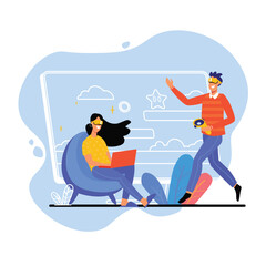 Gaming blue concept with people scene in the flat cartoon design. Boy and girl play computer games using a laptop and VR-glasses. Vector illustration.