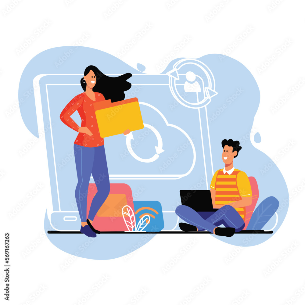 Poster blue concept cloud storage with people scene in the flat cartoon design. two employees upload variou