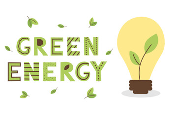 Green energy eco banner. LIghtbulb with green leaves.National conservation day