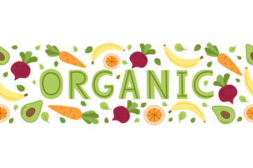 Seamless border with organic word and fruit and vegetables around. Vegan,vegetarian concept.Farming