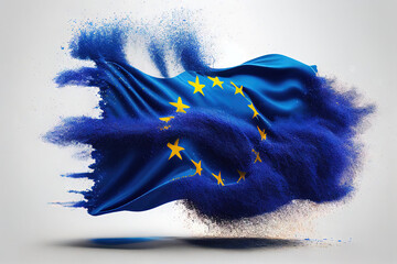 Explosive EU Wave Flag Powder on a White Background. European Union flag. Generative AI. - obrazy, fototapety, plakaty
