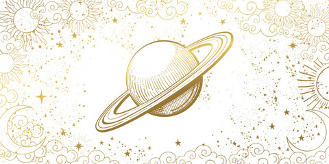 Astrological banner with the planet saturn on a white background with stars, mystical boho background for the zodiac, line drawing, vector illustration. Mystical pattern. © Salomi art