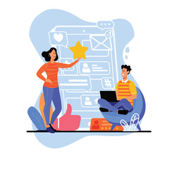 Reviews blue concept with people scene in the flat cartoon design. Two employees of the company review the reviews that their customers leave for them. Vector illustration.