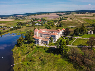 Aerial view by drone. Summer. Svirzh Castle
Ukraine Castles. Lakes.
