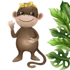 cute monkey with tropical leaves