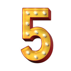 Light bulb glowing font, 3d alphabet character, 3d rendering, number 5