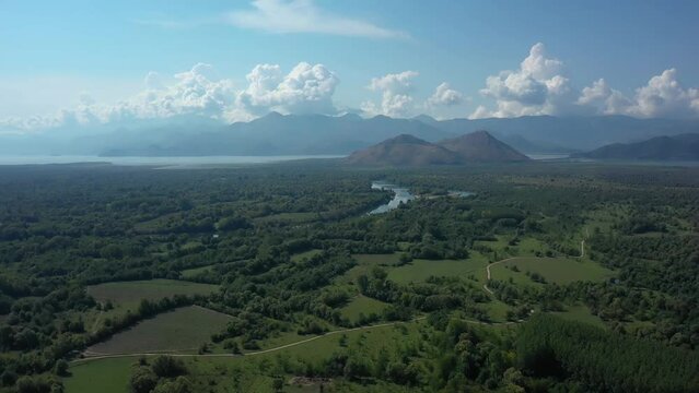 Zeta Plane with River Moracha and Vranjina Hill and Skadar Lake in Distance, Montenegro. Skadarsko Jezero sa Rijekom Moracom i  Vranjinom.