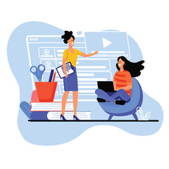 Video lessons blue concept with people scene in the flat cartoon design. Student listens to the teacher's explanation while sitting in own room. Vector illustration.