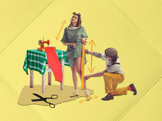 Contemporary art collage. Creative design. Man, professional seamstress, cloth designer measuring...
