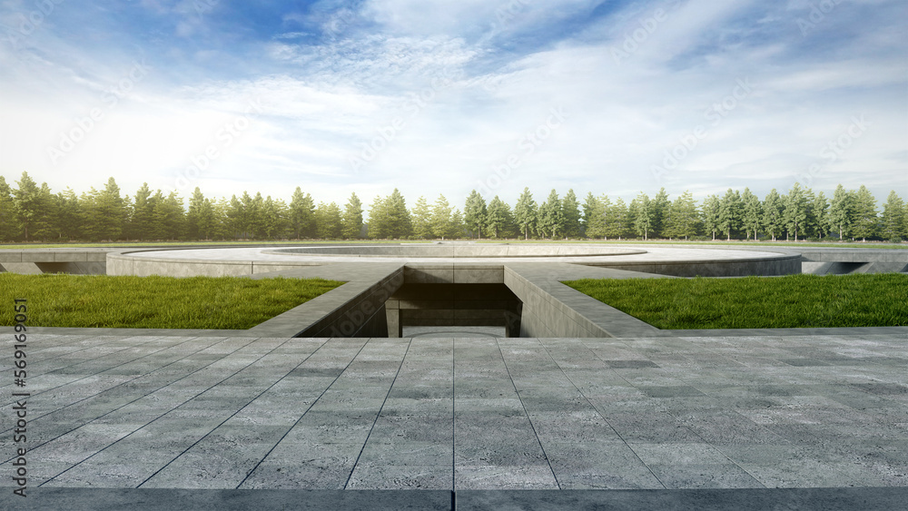Poster empty curved concrete path with meadow and tree. 3d rendering of abstract space with sky background.