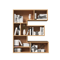 Bookshelves 3d font. Alphabet in the form of book shelves. Mockup font, 3d rendering. Letter E