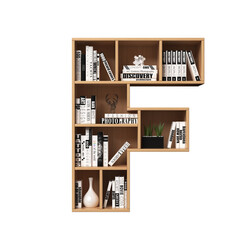 Bookshelves 3d font. Alphabet in the form of book shelves. Mockup font, 3d rendering. Letter F