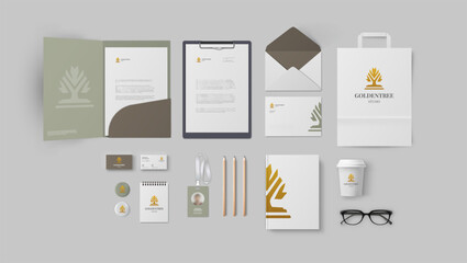 Premium identity branding with golden logo and soft mild colors for business company or financial corporation, template set of folder and envelope stationery design