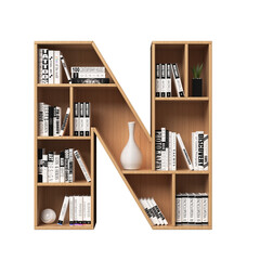 Bookshelves 3d font. Alphabet in the form of book shelves. Mockup font, 3d rendering. Letter N